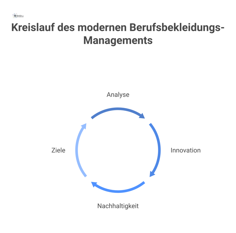 Kreislauf des modernen Berufsbekleidungs-Managements Diagramm des Kreislaufs für Berufsbekleidung, das die vier Kernbereiche Analyse, Innovation, Nachhaltigkeit und Ziele in einem Zyklus verbindet.