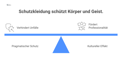 Infografik zur doppelten Wirkung von Schutzkleidung: pragmatischer Schutz vor Unfällen und Förderung einer sichtbaren, professionellen Sicherheitskultur im Team. 