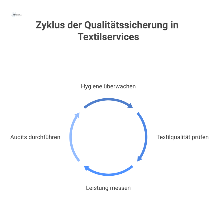 Infografik eines Qualitätssicherungssystems für Textilservices mit den vier Hauptbereichen Hygiene, Textilqualität, Leistung und Audits, jeweils mit Icons dargestellt.