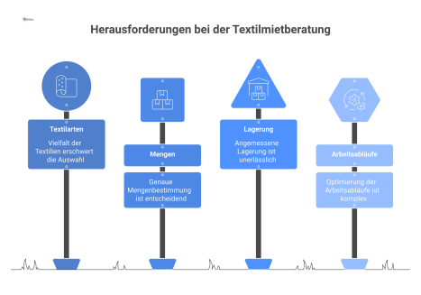 Prozessdiagramm der Beratung und Bedarfsanalyse, das ein Treffen zwischen Experte und Kunde mit Icons für Textilarten, Mengen und Lagerung zeigt.