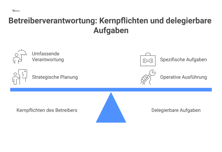 Infografik zur Betreiberverantwortung, die links die Kernpflichten und rechts die delegierbaren Aufgaben mit Pfeilen als Verbindung darstellt. 