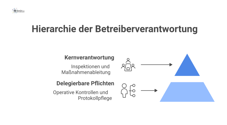 Diagramm das die Betreiberverantwortung in die Bereiche Kernverantwortung und delegierbare Pflichten trennt und eine klare Hierarchie zeigt.