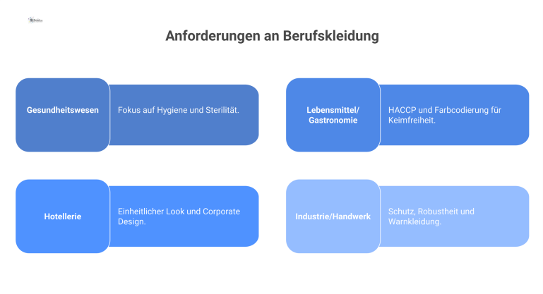 Anforderungen an Berufskleidung Infografik zu Anforderungen an Berufskleidung in vier Branchen: Gesundheitswesen, Gastronomie, Hotellerie und Industrie, jeweils mit Icons dargestellt.