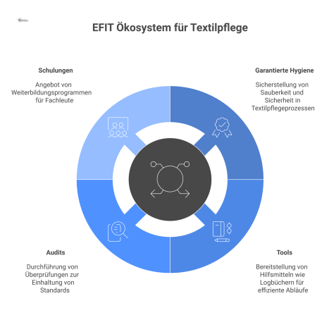 Infografik zum EFIT Ökosystem: Das 'fashionCare' QM-System im Zentrum, mit Pfeilen zu den Leistungen Hygiene, Tools, Audits und Schulungen.