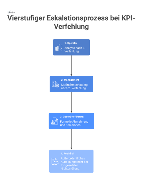 Vertikales Flussdiagramm eines 4-stufigen Eskalationsprozesses bei KPI-Verfehlung, von operativer Analyse über Management bis zu rechtlichen Schritten.