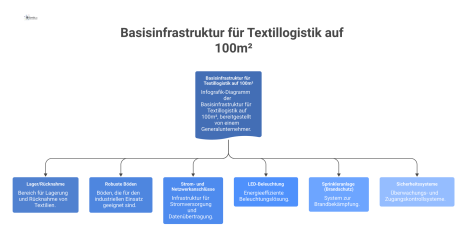  Infografik der Basisinfrastruktur für Textillogistik auf 100m² mit Lager, Boden, Strom, Beleuchtung, Sprinkleranlage und Sicherheitssystemen.