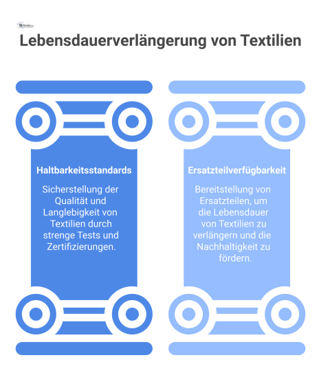  Infografik, die zeigt, wie Haltbarkeitsstandards und Ersatzteilverfügbarkeit die Lebensdauer von Textilien verlängern, illustriert mit Icons für Siegel und Zubehör. 