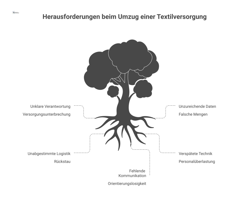Ursache-Wirkungs-Diagramm mit fünf Problem-Folge-Paaren, die die Herausforderungen bei der Verlagerung einer Textilversorgung illustrieren, darunter unklare Verantwortung.