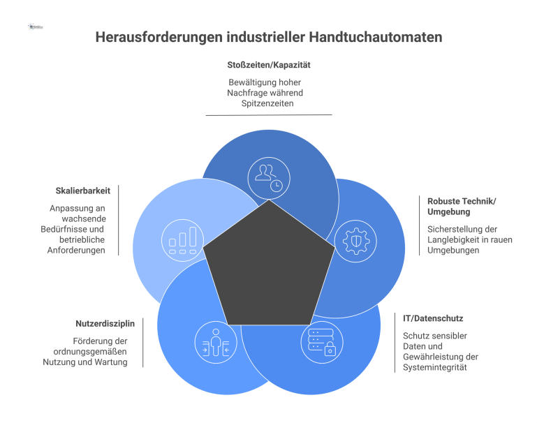  Infografik mit zentralem Automaten-Icon, umgeben von fünf Themenfeldern zu Herausforderungen wie Kapazität, Technik, IT, Nutzerdisziplin und Skalierbarkeit.