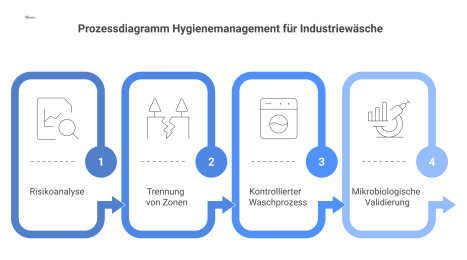 Prozessdiagramm des Hygienemanagements nach RABC-System, das den Fluss von der Risikoanalyse über die Zonentrennung bis zur mikrobiologischen Validierung zeigt.