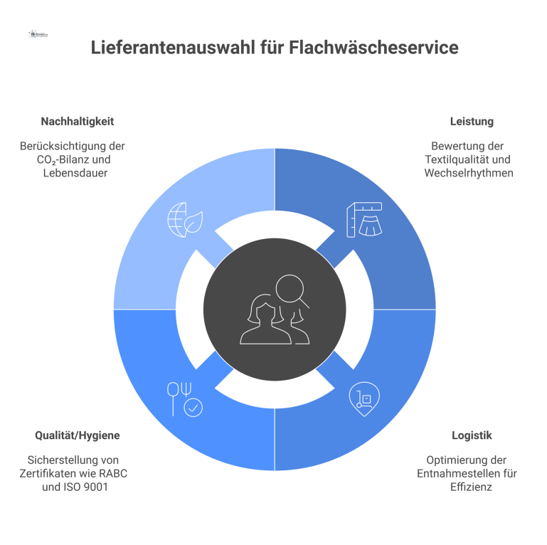 Mindmap mit dem zentralen Thema Lieferantenauswahl und den Hauptzweigen Leistung, Logistik, Qualität/Hygiene sowie Nachhaltigkeit für Flachwäscheservice.