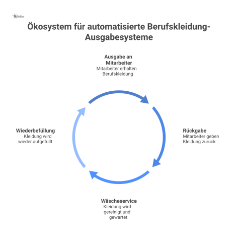  Infografik des Ökosystems für Berufskleidungsausgabe, die Akteure, RFID-Systeme und den Kreislauf von Ausgabe, Rückgabe und Wiederbefüllung zeigt. 