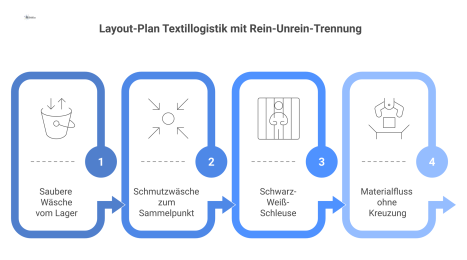 Layout-Plan zur Textillogistik mit strikter Rein-Unrein-Trennung, der den Materialfluss visualisiert. Blaue Pfeile für saubere und rote für schmutzige Wäsche.