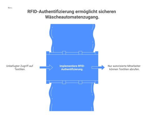  Flussdiagramm des Prozesses zur Nutzeridentifikation am Wäscheautomaten mittels RFID, Authentifizierung durch das Backend-System und nachfolgender Kleidungsausgabe.
