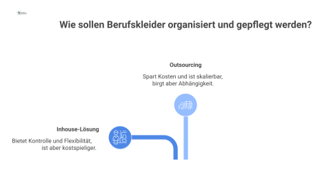 Flussdiagramm, das die Organisation der Berufskleider-Pflege durch Inhouse-Lösungen und Outsourcing mit deren Vor- und Nachteilen sowie verschiedenen Ausgabesystemen zeigt.