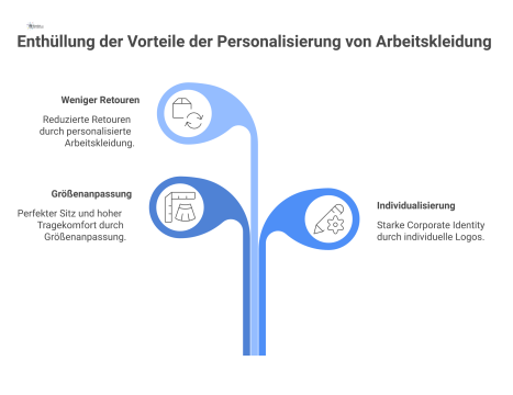 Mindmap zur Personalisierung von Arbeitskleidung mit den Zweigen Größenanpassung und Individualisierung, die zu weniger Retouren als Ergebnis führen.