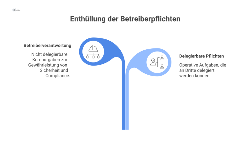  Zweispaltiges Diagramm zu Betreiberpflichten, das nicht delegierbare Verantwortung und delegierbare operative Pflichten mit ihren jeweiligen Aufgaben gegenüberstellt. 