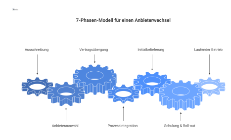 Chronologisches Flussdiagramm eines 7-Phasen-Modells für einen Anbieterwechsel, das die Aufgaben von Kunde und Anbieter in parallelen Spuren darstellt.