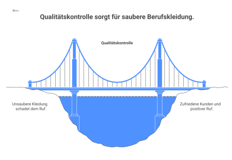 Ein Flussdiagramm, das den Prozess der Qualitätskontrolle für Berufskleidung darstellt, von der Prüfung bis zur Entscheidung über Transport oder Ersatz. 