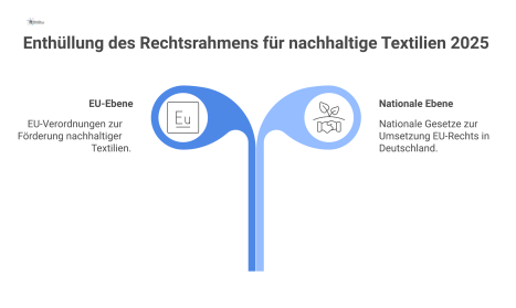 Hierarchisches Strukturschema zum Rechtsrahmen für nachhaltige Textilien, das die Umsetzung von EU-Recht in deutsches nationales Recht zeigt.