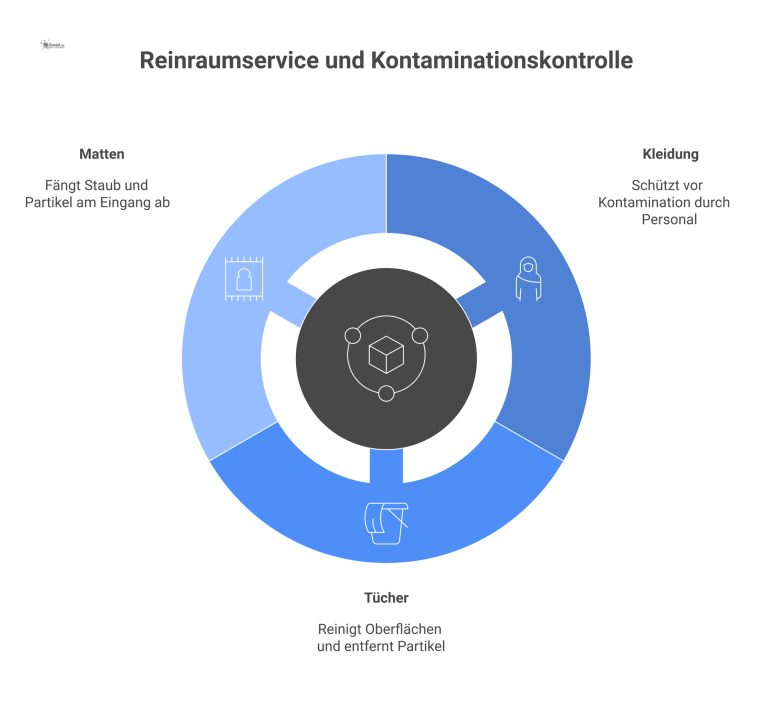 Visualisierung zum Thema Reinraumservice und Kontaminationskontrolle Diagramm, das einen zentralen Reinraum zeigt, umgeben von Kleidung, Tüchern und Matten zur effektiven Kontaminationskontrolle in der Industrie.