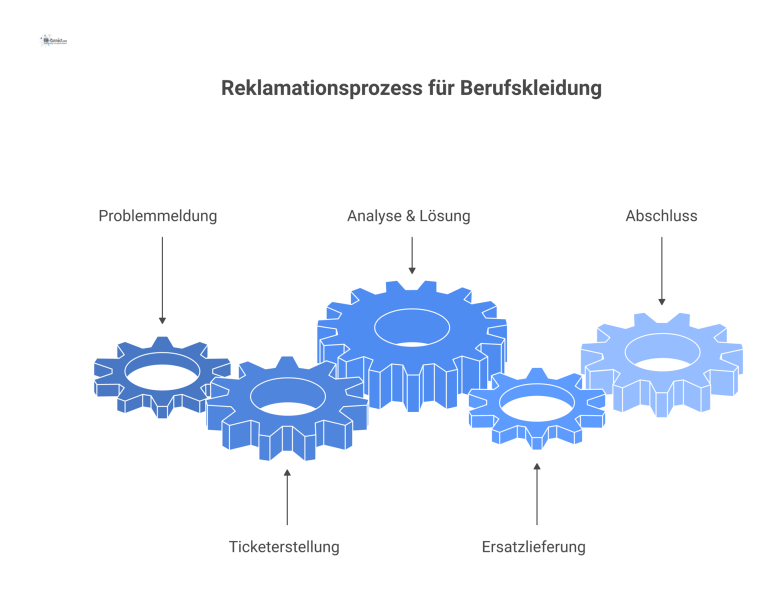 Flussdiagramm Reklamationsprozess Berufskleidung Flussdiagramm mit Swimlanes für Auftraggeber und Dienstleister, das den Reklamationsprozess für Berufskleidung von der Problemmeldung bis zum Abschluss darstellt.