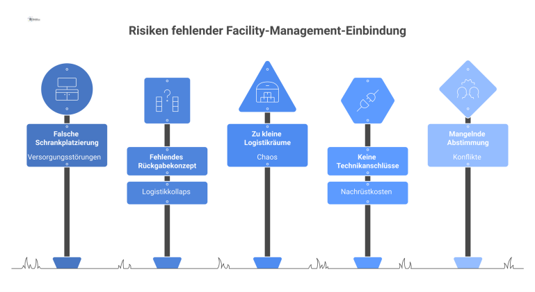 Risiken fehlender Facility-Management-Einbindung Infografik der fünf Hauptrisiken bei fehlender Facility-Management-Einbindung, die zu Versorgungsstörungen, Logistikkollaps, Chaos, Nachrüstkosten und Konflikten führen.