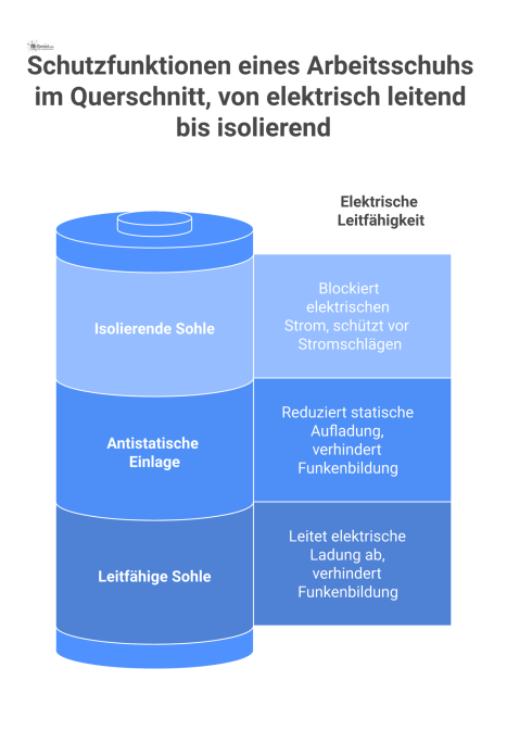  Infografik eines Arbeitsschuhs im Querschnitt, die Schutzfunktionen wie Zehenkappe, Zwischensohle, Profilsohle und elektrische Eigenschaften mit Beschriftungen zeigt. 