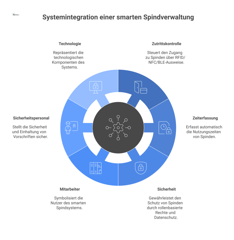 Diagramm der Systemintegration: Elektronische Spinde sind mit Zutrittskontrolle und Zeiterfassung verbunden, geschützt durch ein Schild für Sicherheit und Datenschutz. 