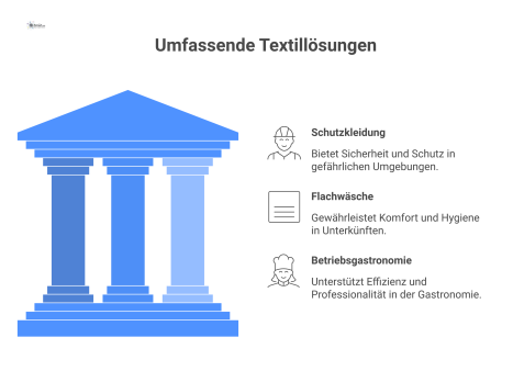 Diagramm, das umfassende Textillösungen in den drei Bereichen Schutzkleidung, Flachwäsche und Betriebsgastronomie sowie die Vorteile visualisiert. 