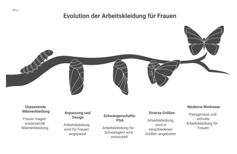 Infografik zur Evolution von Arbeitskleidung für Frauen, die den Wandel von Männerkleidung zu passgenauer, diverser Workwear zeigt. 