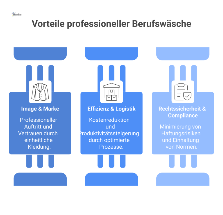 Infografik zu den Vorteilen professioneller Berufswäsche, unterteilt in die Bereiche Image, Effizienz und Rechtssicherheit, jeweils mit Icons illustriert
