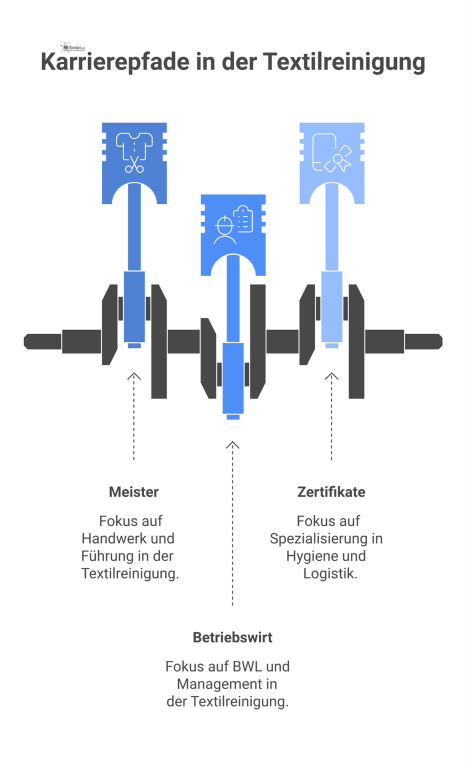 Säulendiagramm, das drei Karrierepfade in der Textilreinigung vergleicht: Meister, Betriebswirt und Spezialisierung durch Zertifikate mit unterschiedlichem Fokus.