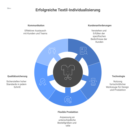 Infografik zum Prozess der Textil-Individualisierung mit einem zentralen T-Shirt-Icon, umgeben von fünf Schlüsselfaktoren in Kreissegmenten. 